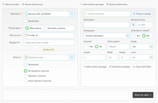 frieghtview parcel quote screen